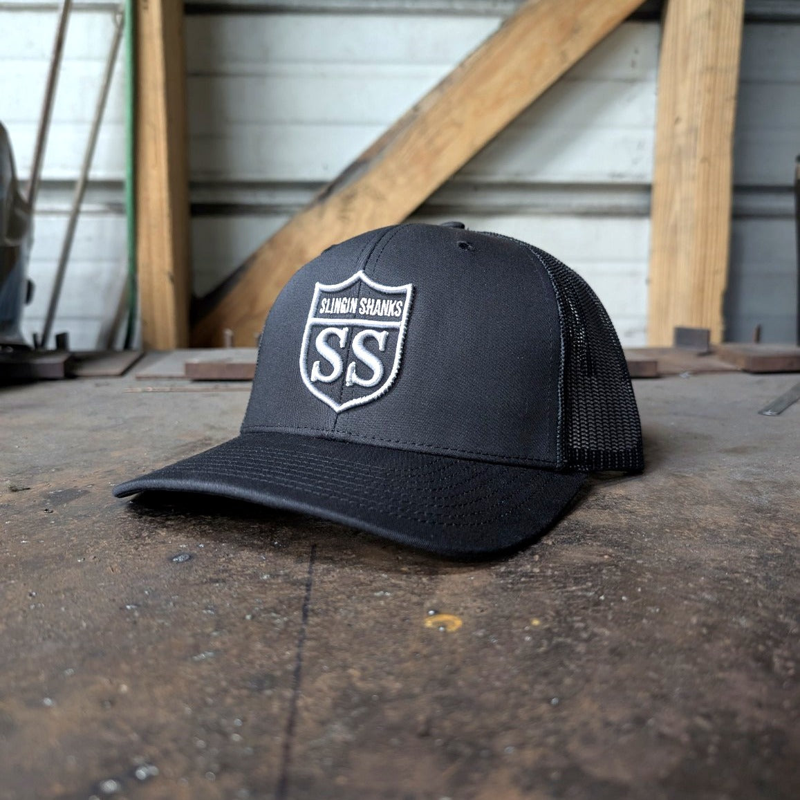 Slingin Shanks SS Shield trucker hat black angle